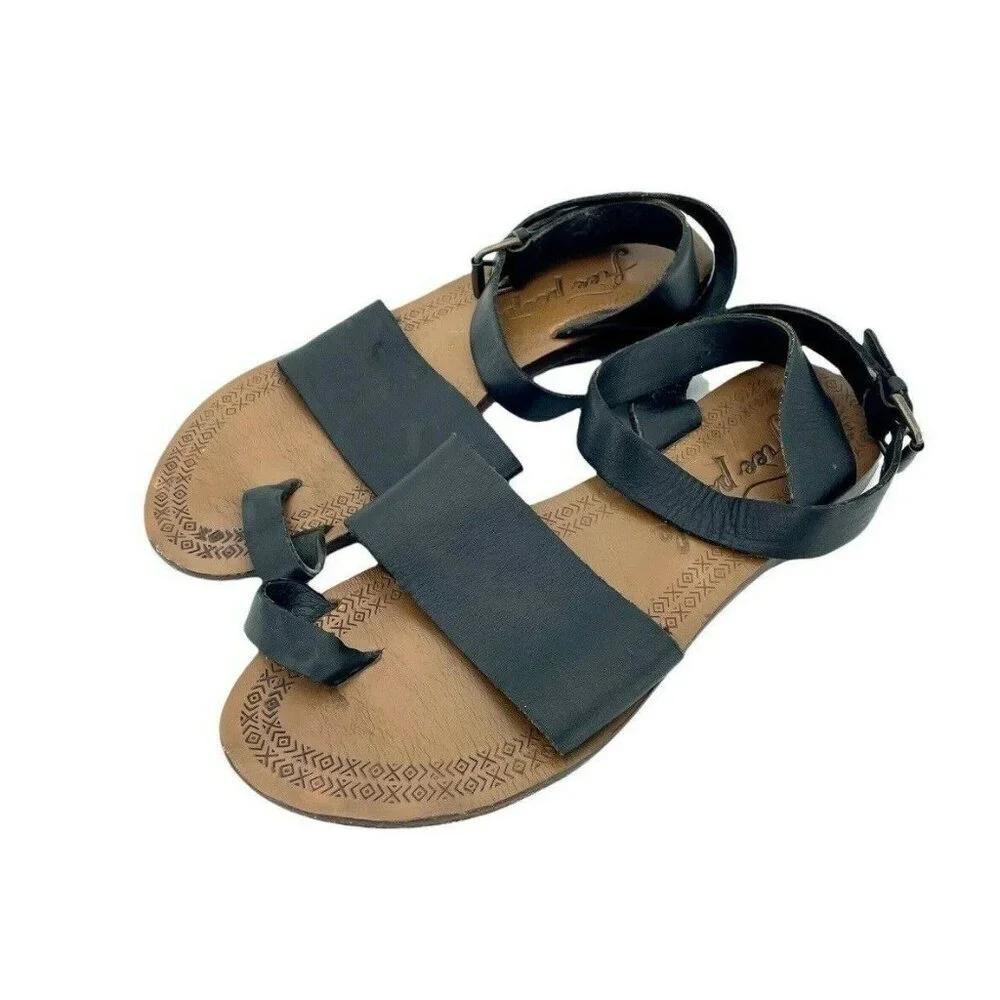 Free People Torrence Black Leather Flat Sandals Leather Straps Sz 40